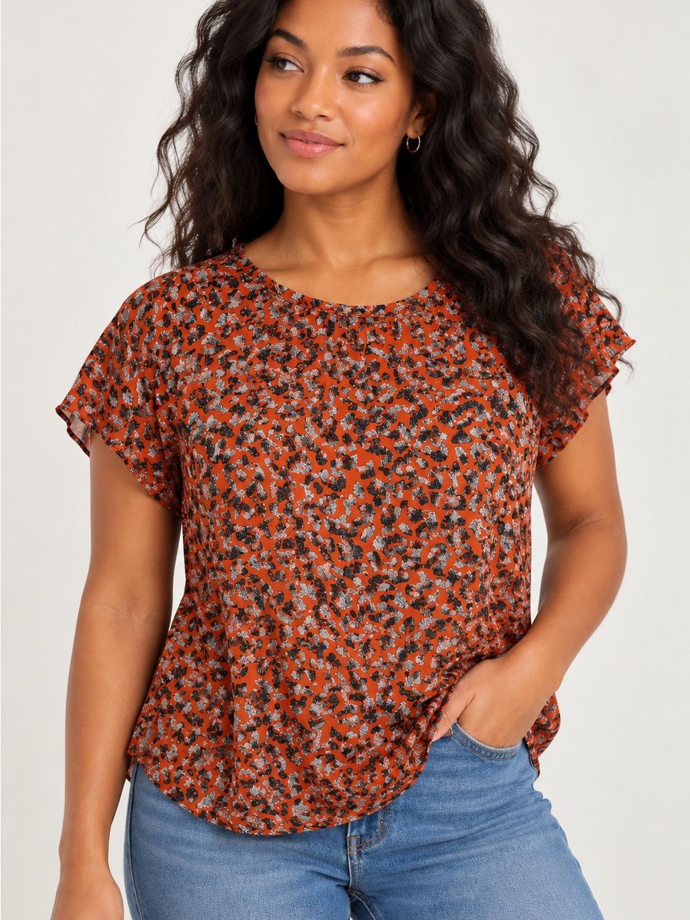 H&M Women’s Size 4 Orange Leopard Animal Print Flutter Sleeve Blouse